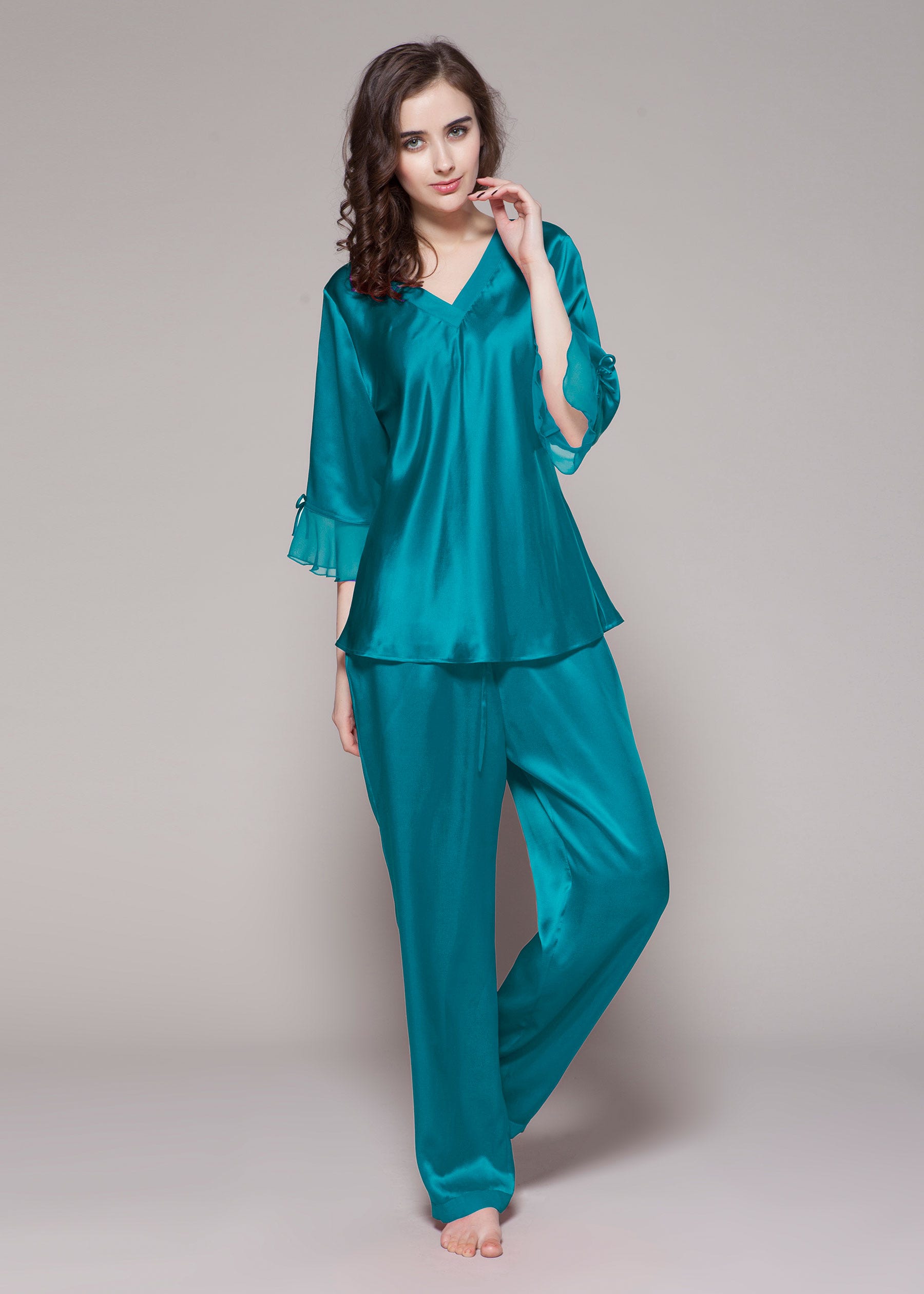 22 Momme Long Silk Pajamas Set with Contrast Trim