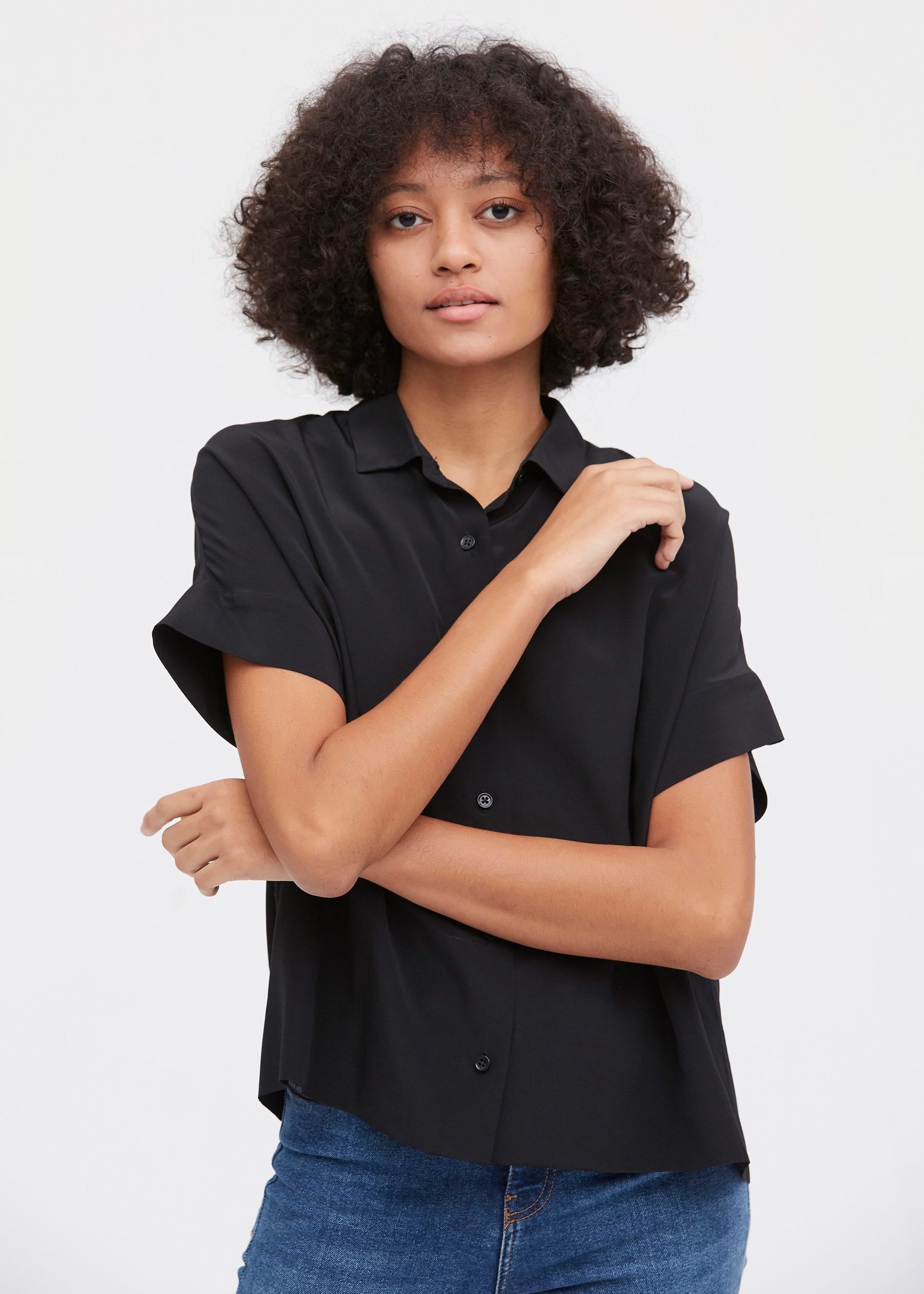 Drawstring Design Thin Women's Silk T-Shirt Black-L | Bust 34''(86cm)